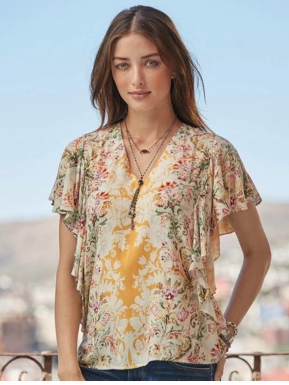 Sundance Arabella Ruffle Flutter Sleeve Floral Blouse Sz M Medium Yellow Pink
